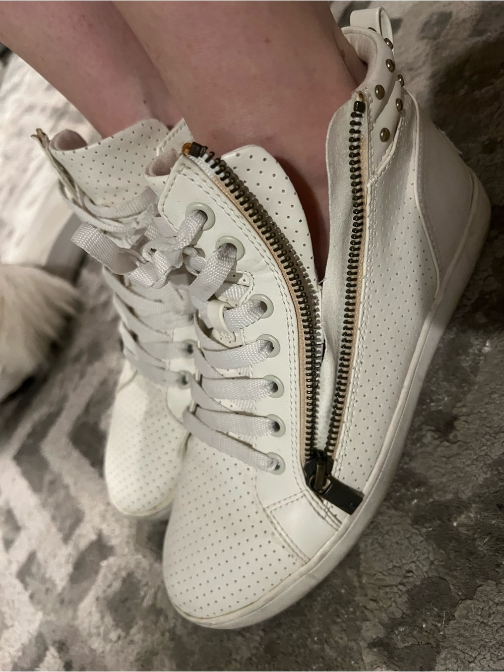 Koolaburra White Perforated High-Top Sneakers with Gold Zipper Accent